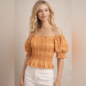 Anthropologie Easel Peach Smocked Ruffle Top